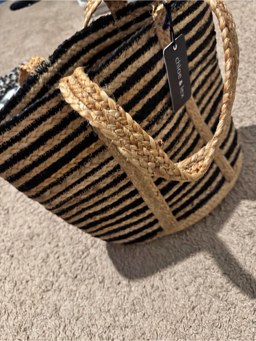 Black and Natural Striped Straw Tote
